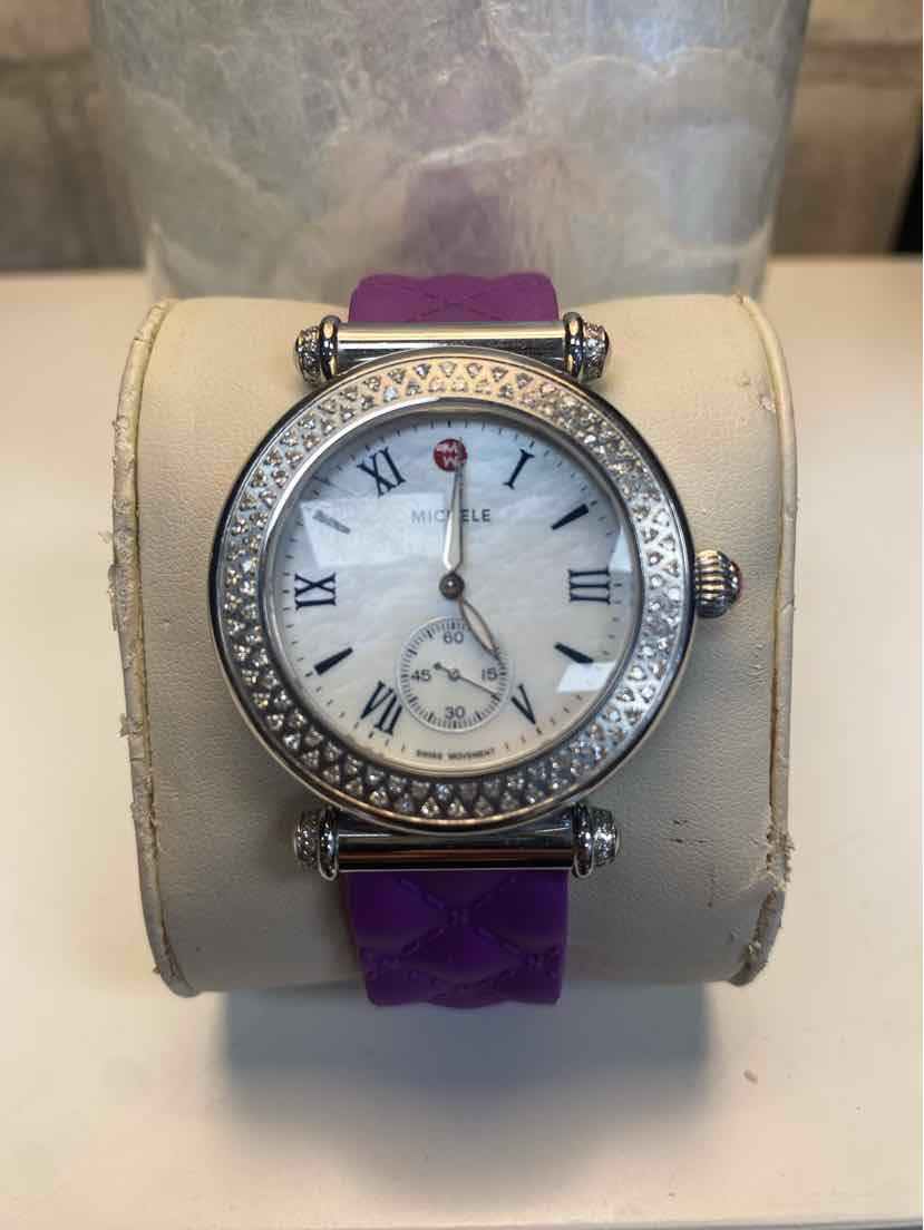 Michele Caber Watch w/ Diamond Bezel and Purple Quilted Silicone Strap