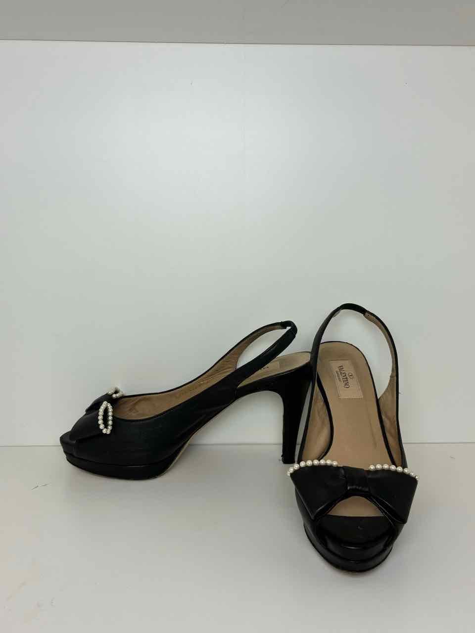 Valentino 37.5 Black Leather Faux Pearl Bow Peep-toe Platform Slingback Pumps