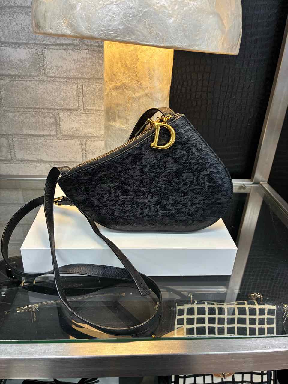 Dior Black Pebbled Leather Saddle Pouch Purse w/ Gold Hardware