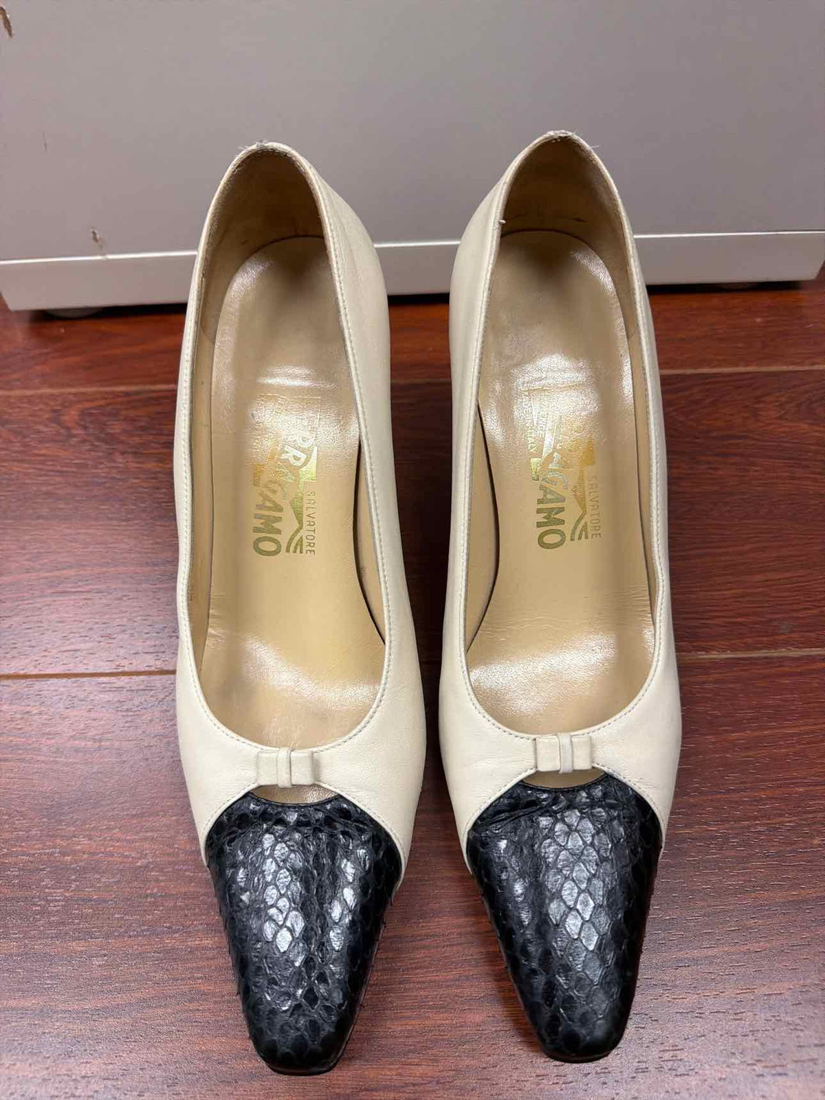 Ferragamo white and black heels