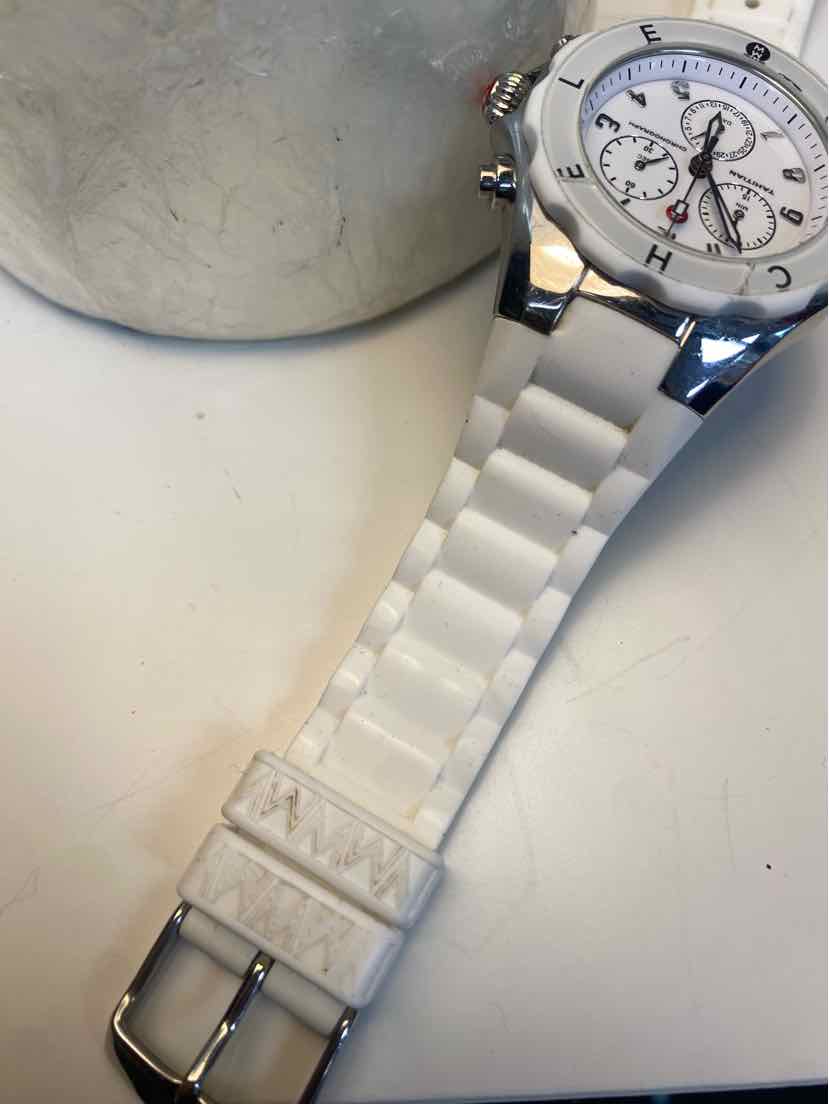 Michele Tahitian Jelly Bean Silver White Chronograph Watch w White Silicone Band