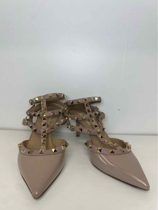 Valentino Size 37.5 Nude Patent Leather Rockstud Ankle Strap Pumps w/ Gold Studs
