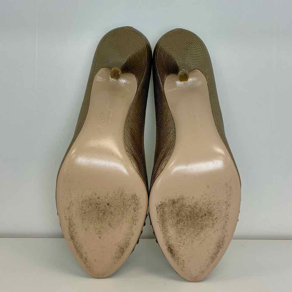 Ferragamo Bronze Peep Toe Tiberia Snakeskin Pumps  8