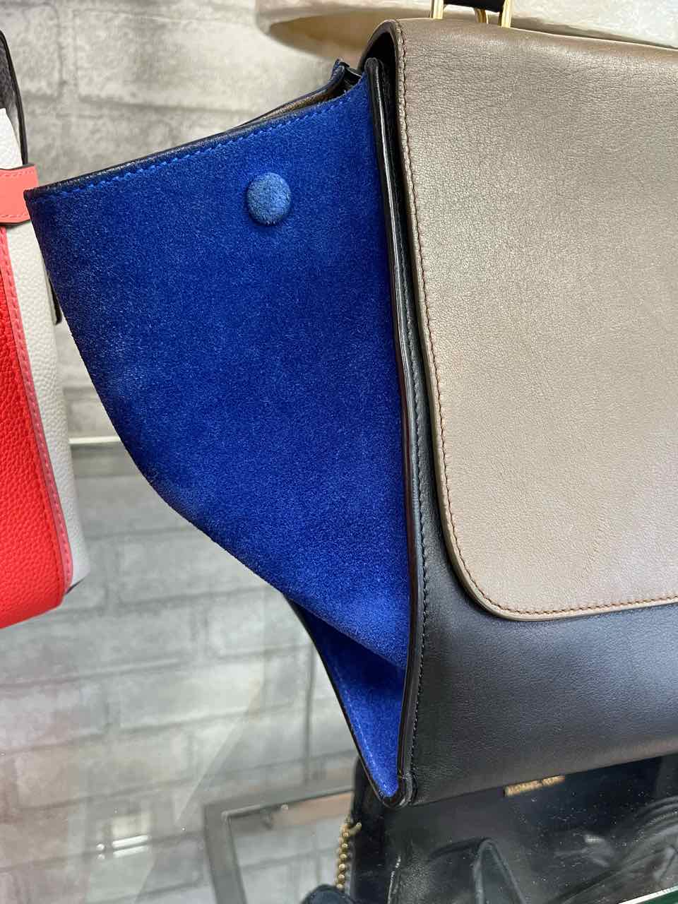 Celine Trapeze Tri Color Calfskin Leather & Blue Suede Purse