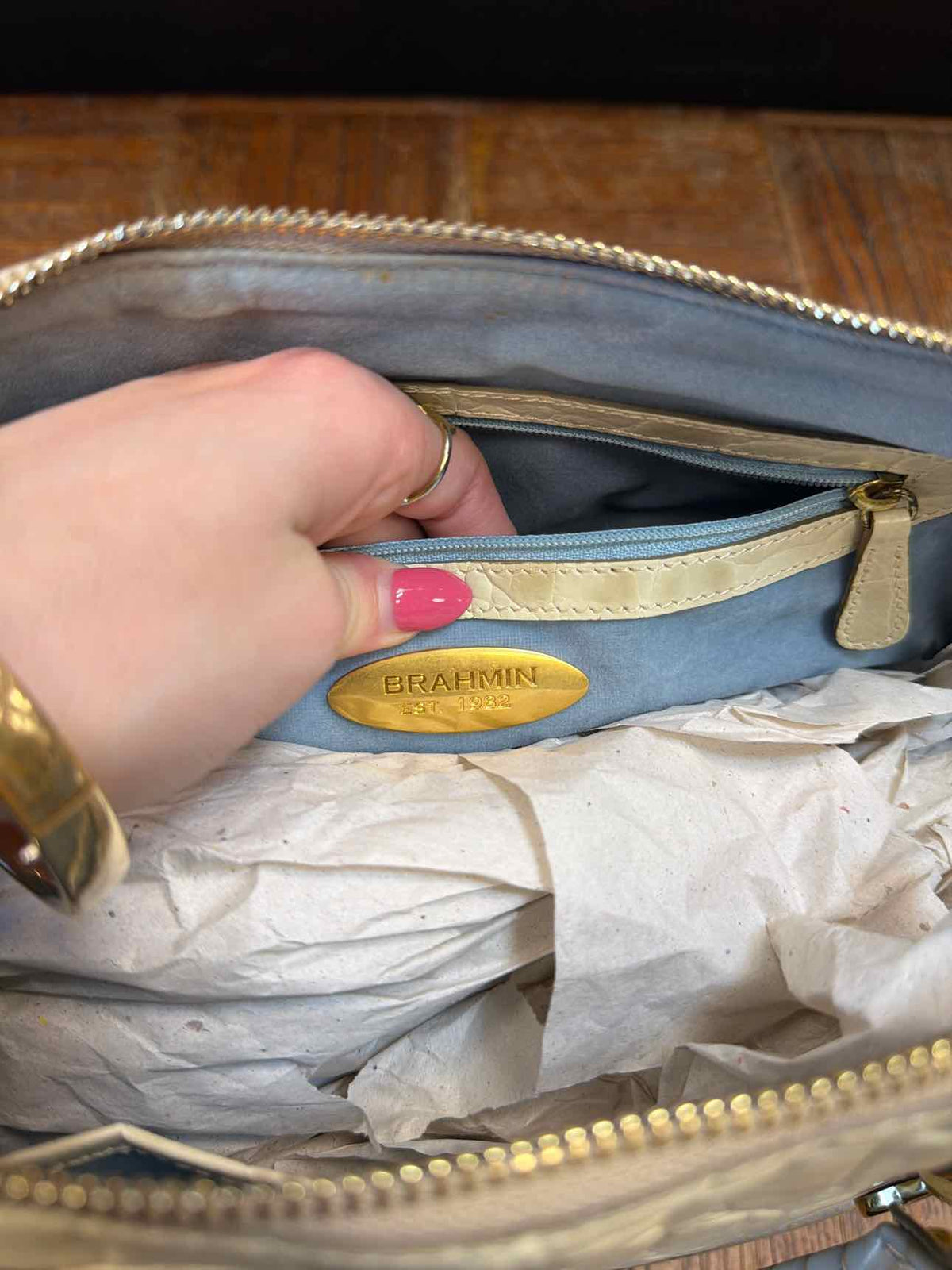 Brahmin cream and taupe croc embossed leather dome satchel