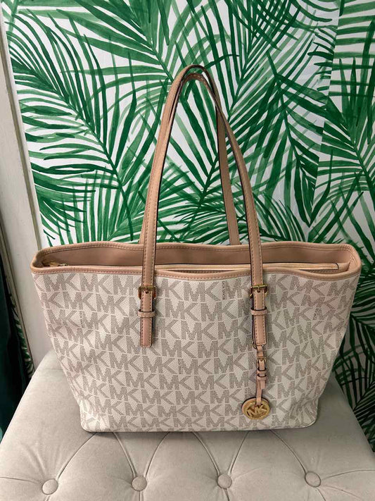Micheal Kors Cream Jet Set Travel Large Tote with Vanilla Signature Logo Canvas