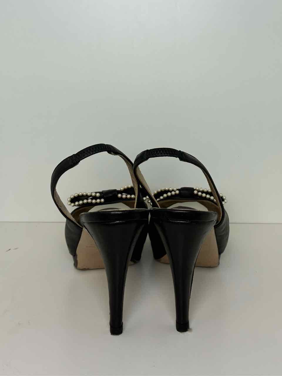 Valentino 37.5 Black Leather Faux Pearl Bow Peep-toe Platform Slingback Pumps