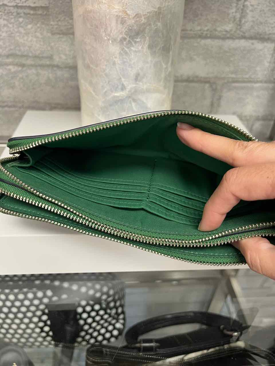 Coach wristlet wallet with brown monogram and green with Blue