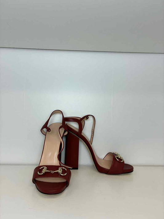 Gucci Heels w/ Horsebit Detail Red Leather Block Heel Ankle Strap Size 38