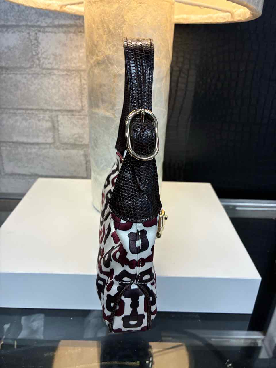 Gucci Satin with Lizard Trimmed Mini Jackie Horsebit Bag in Brown and Burgundy