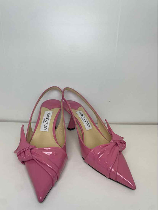 Jimmy Choo Size 37.5 Candy Pink Patent Leather Slingback Pumps w/ Twisted Bow