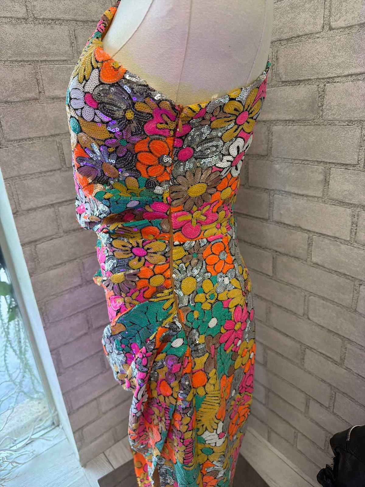 Elliatt Small Silver, Orange, Pink, Yellow, Green Sequined Flower Pattern Dress
