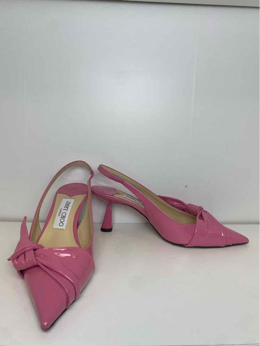 Jimmy Choo Size 37.5 Candy Pink Patent Leather Slingback Pumps w/ Twisted Bow