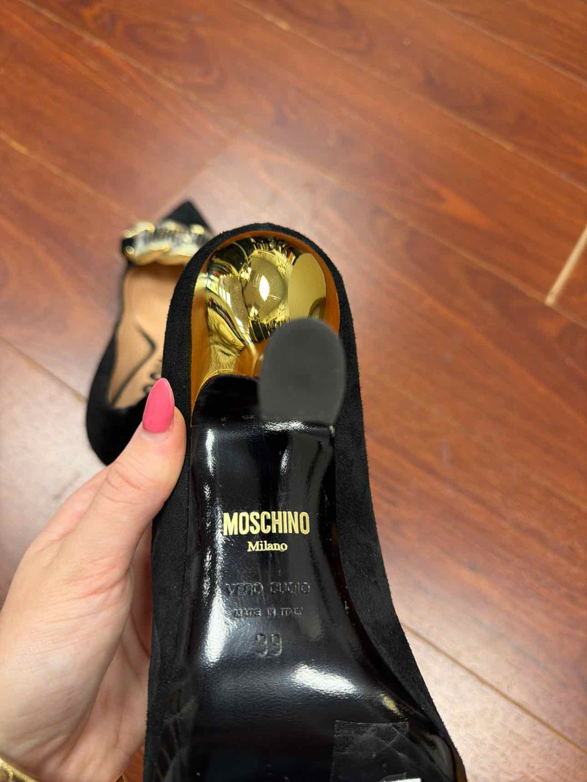 Moschino black heels with gold chain on front