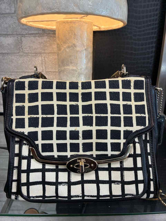 Coach Black and White Plaid Flap Satchel w/ Leather Trim
