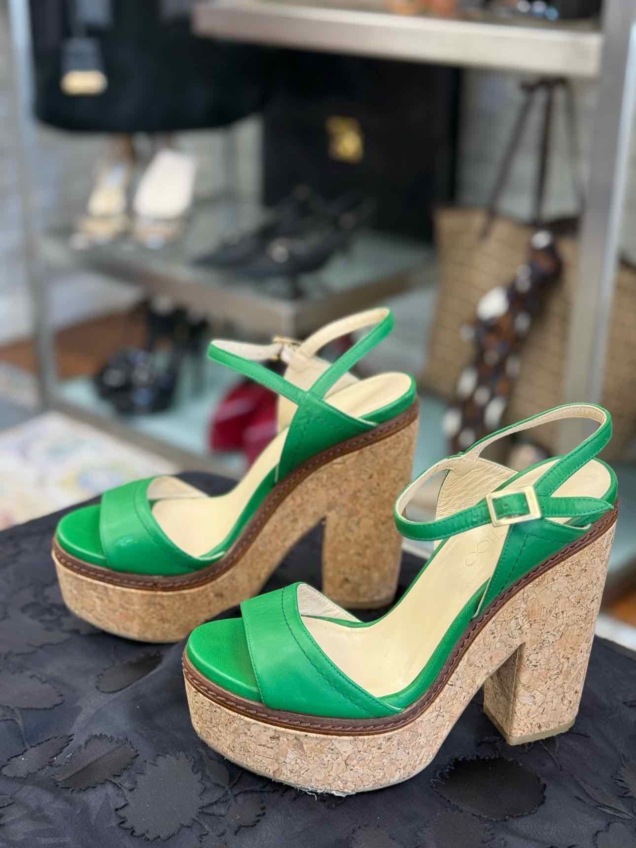 JIMMY CHOO CORK WEDGE SANDAL EMERALD GREEN