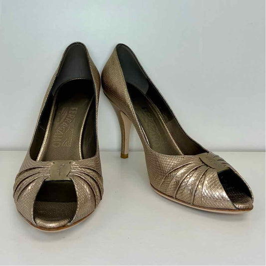Ferragamo Bronze Peep Toe Tiberia Snakeskin Pumps  8