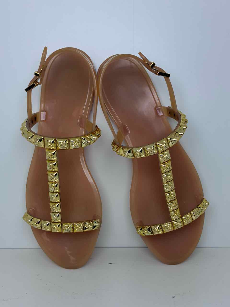 Stuart Weitzman Size 10 Gold Studded Jelly Flat Sandals