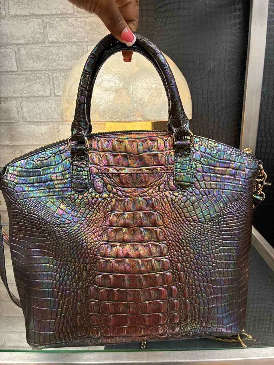 Brahmin Large Black Mother of Pearl Croc-Embossed Duxbury Satchel