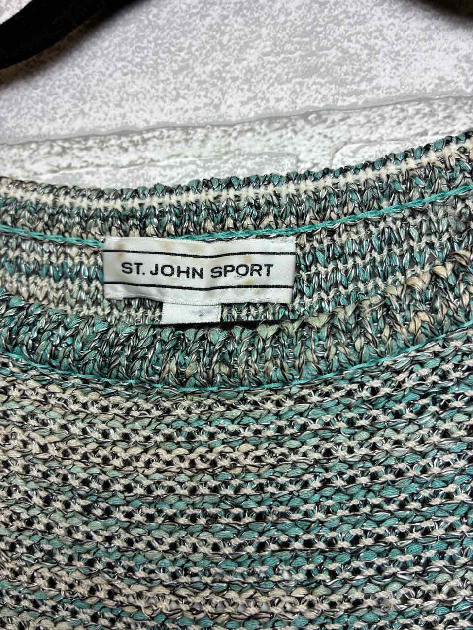St.John Teal and White Knit Top with Open Circle Pattern at the bottom. Size M