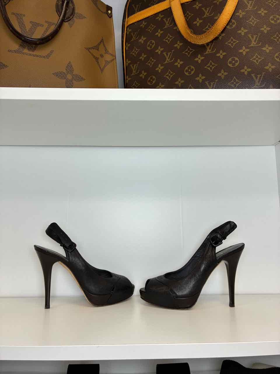Stuart Weitzman Black Peep-Toe Slingback Heels Size 8