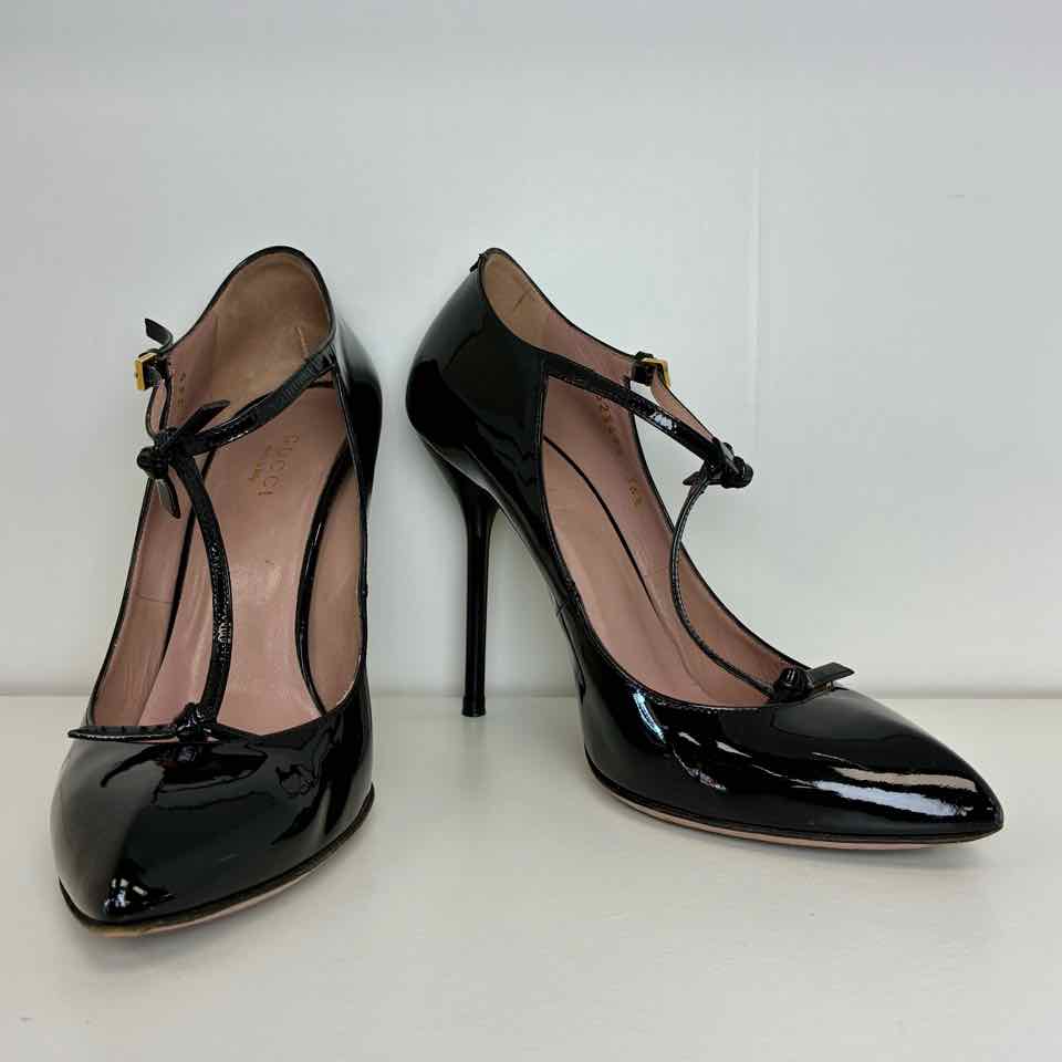 Gucci Mary Jane Patent Black Pointed T-Strap Heel 6