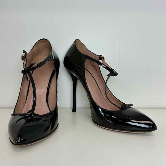 Gucci Mary Jane Patent Black Pointed T-Strap Heel 6