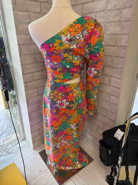 Elliatt Small Silver, Orange, Pink, Yellow, Green Sequined Flower Pattern Dress