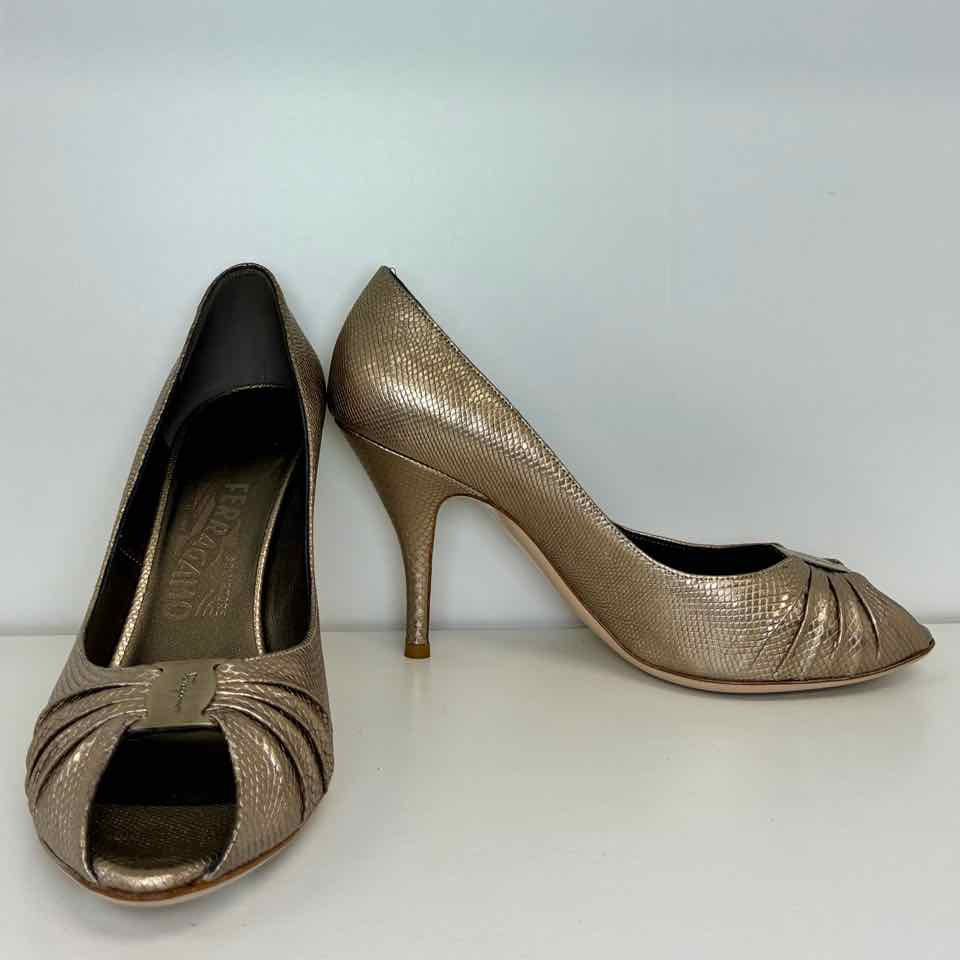 Ferragamo Bronze Peep Toe Tiberia Snakeskin Pumps  8