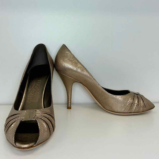 Ferragamo Bronze Peep Toe Tiberia Snakeskin Pumps  8