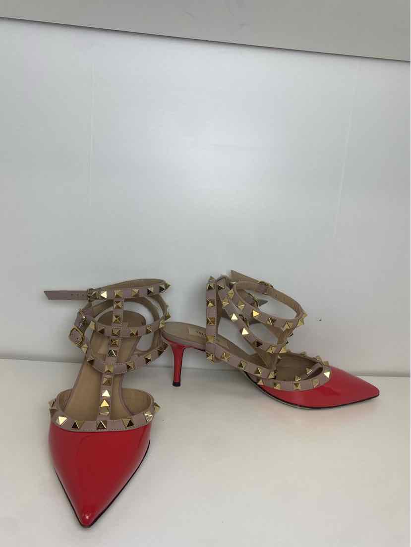 Valentino Size 37.5 Red/Coral Patent Leather Rockstud Pumps w/ Nude Ankle Strap