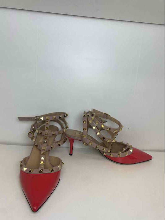 Valentino Size 37.5 Red/Coral Patent Leather Rockstud Pumps w/ Nude Ankle Strap