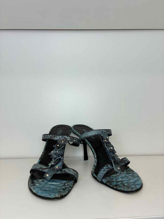 Cesare Paciotti Blue Snakeskin Heel Sandal Rhinestone Detail Size 38