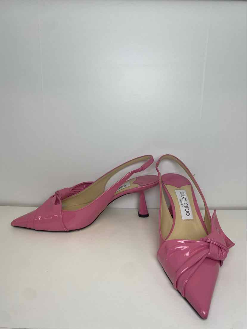 Jimmy Choo Size 37.5 Candy Pink Patent Leather Slingback Pumps w/ Twisted Bow
