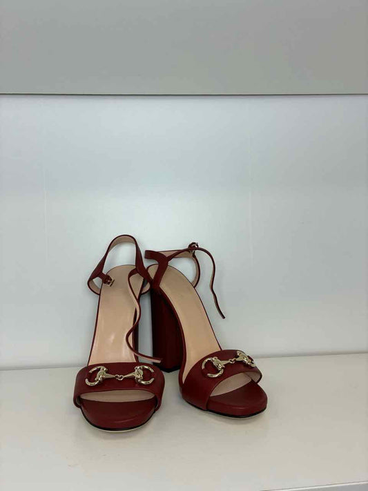 Gucci Heels w/ Horsebit Detail Red Leather Block Heel Ankle Strap Size 38
