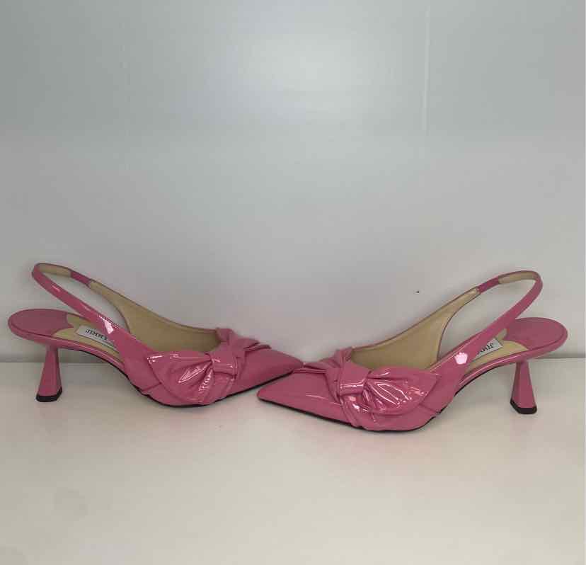 Jimmy Choo Size 37.5 Candy Pink Patent Leather Slingback Pumps w/ Twisted Bow