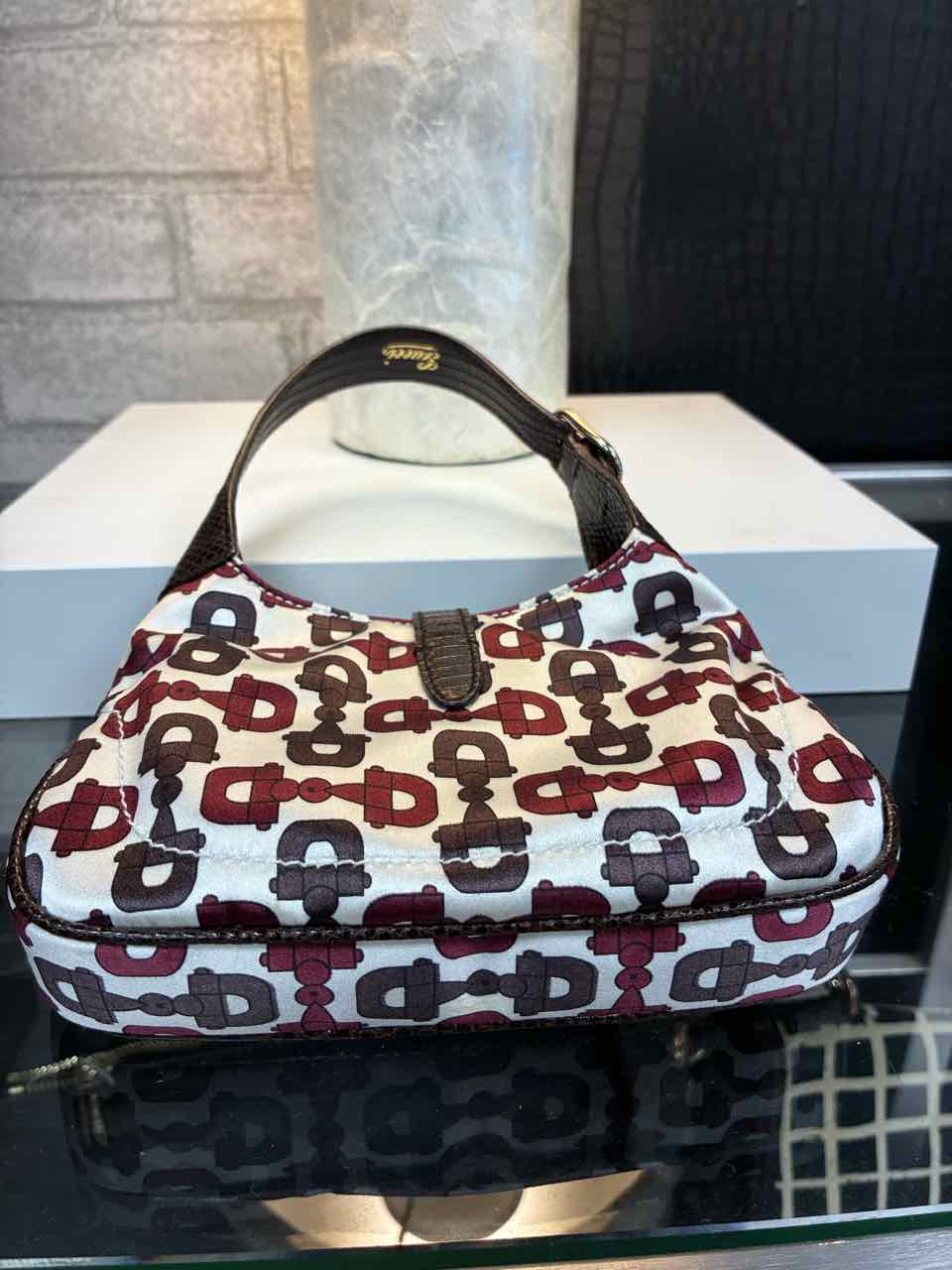 Gucci Satin with Lizard Trimmed Mini Jackie Horsebit Bag in Brown and Burgundy