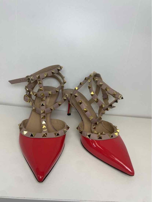 Valentino Size 37.5 Red/Coral Patent Leather Rockstud Pumps w/ Nude Ankle Strap
