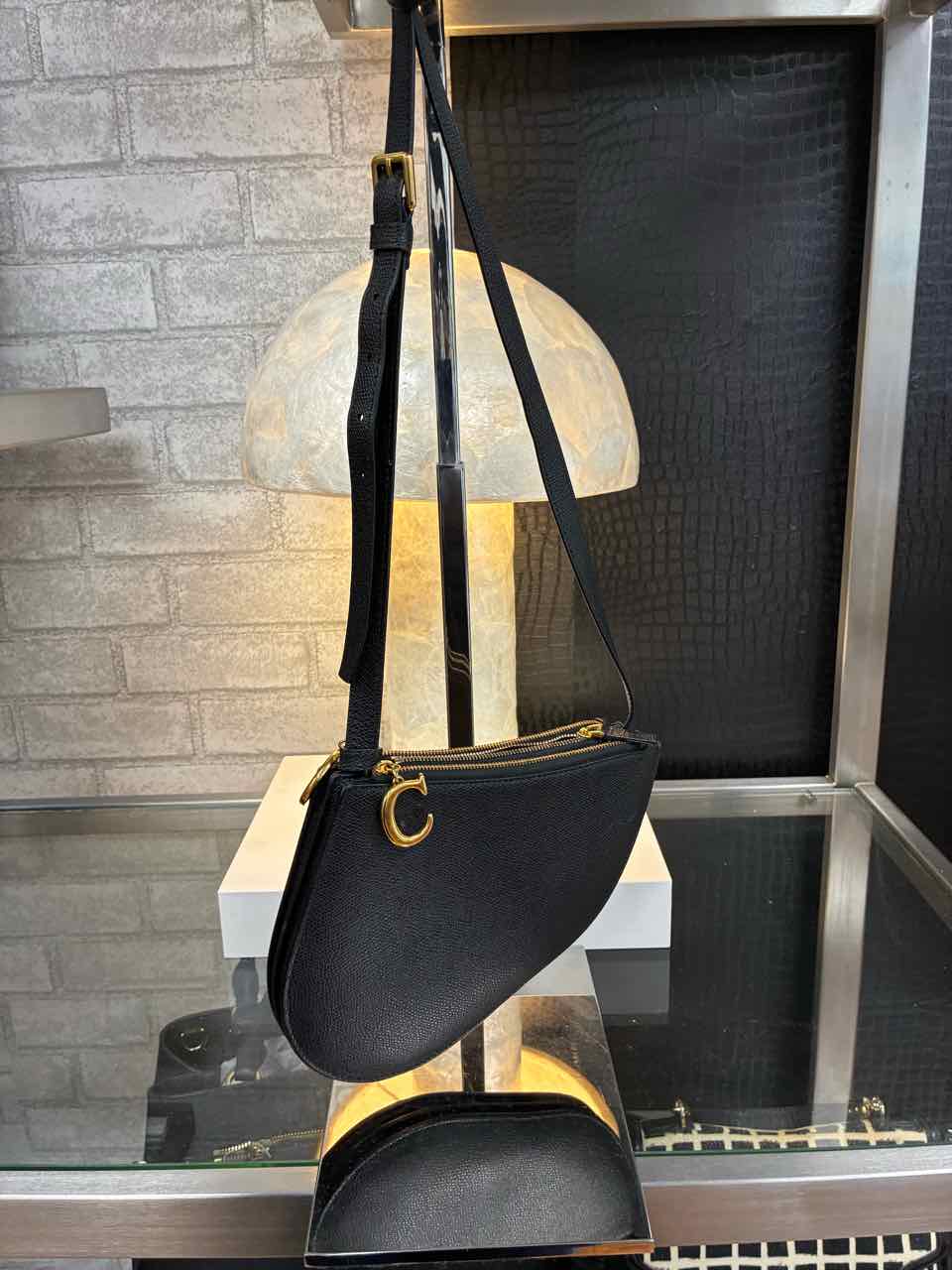Dior Black Pebbled Leather Saddle Pouch Purse w/ Gold Hardware