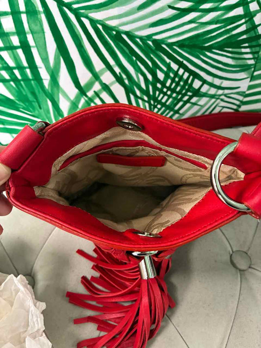 Micheal Kors Red Leather Crossbody Bag w/ Silver Grommet and Fringe Tassel