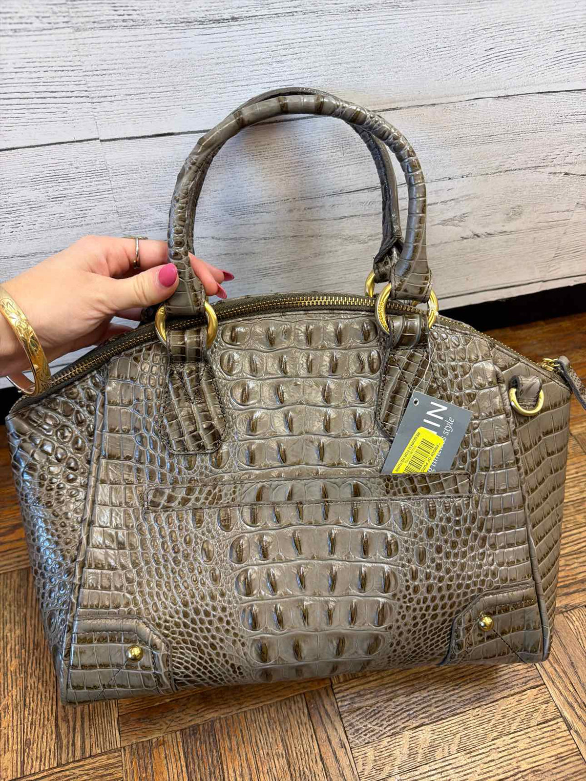 Brahmin taupe croc embossed leather satchel handbag