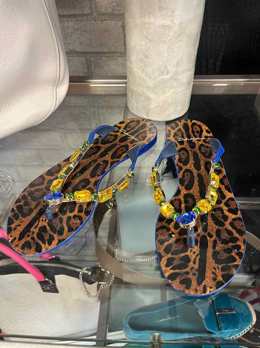 Dolce & Gabbana blue and cheetah print flip flops size 7