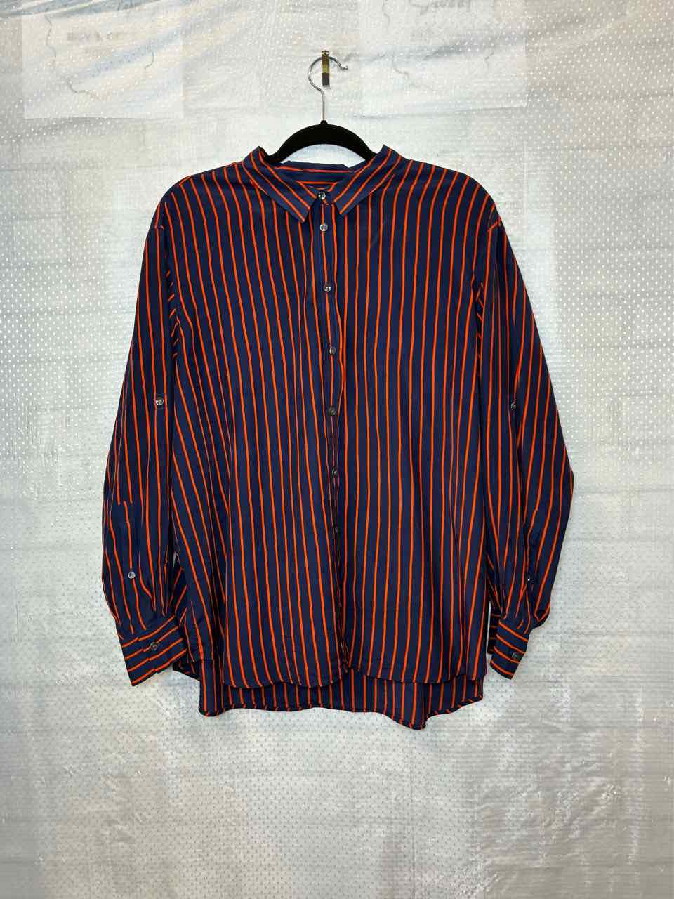 Closed  navy and orange stripe ls blouse L