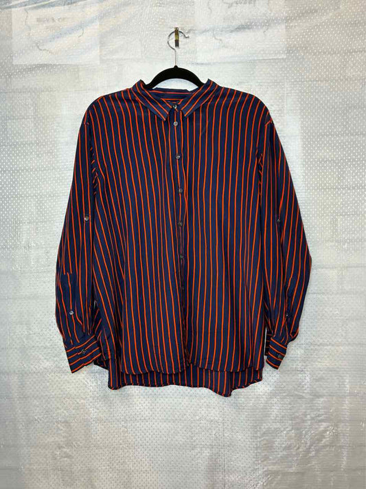 Closed  navy and orange stripe ls blouse L