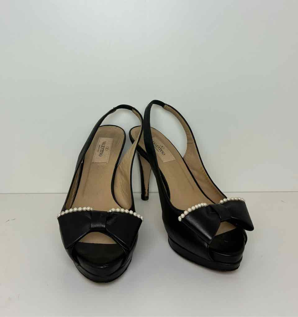 Valentino 37.5 Black Leather Faux Pearl Bow Peep-toe Platform Slingback Pumps