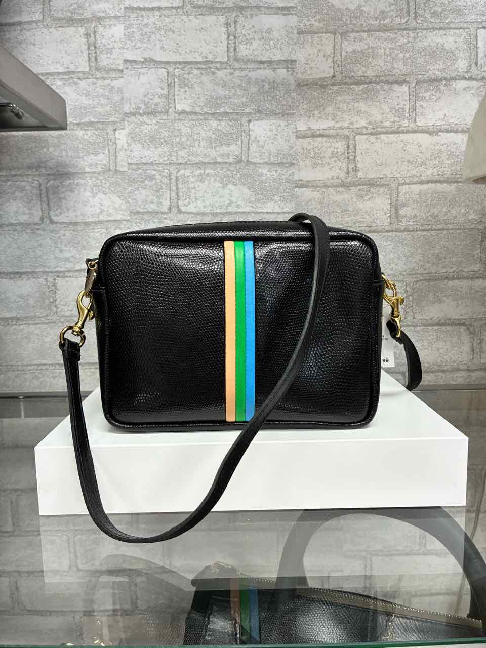 Claire V Black with Nude, Green and blue Stripes in the middle Leather Purse