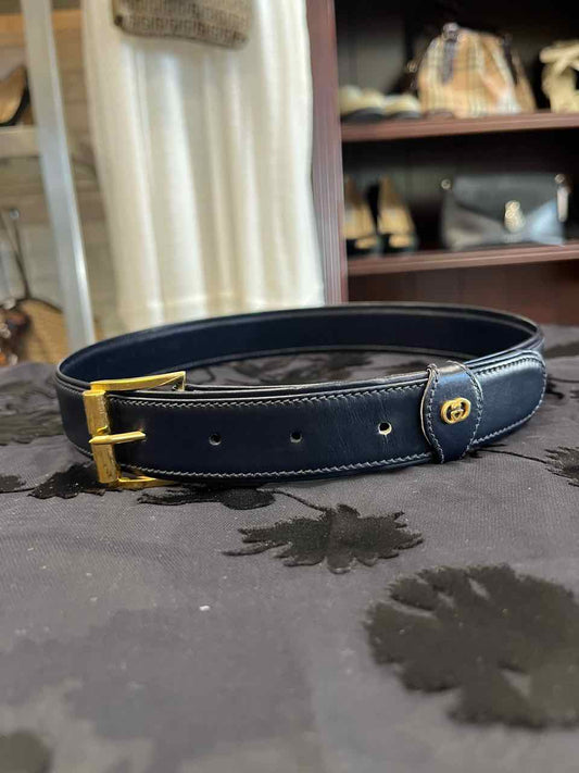 Gucci Leather Belt Vintage Navy Blue Gold Hardware