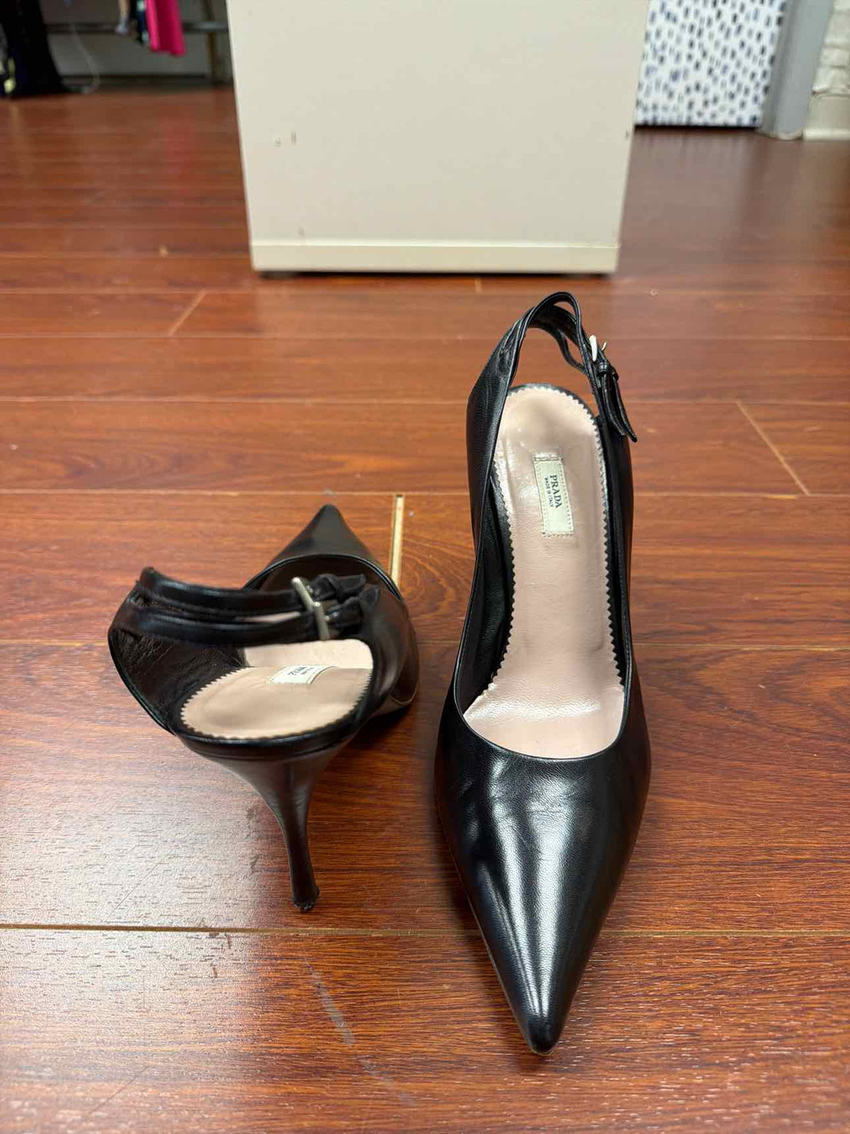 Prada black leather pointed toe slingback heels