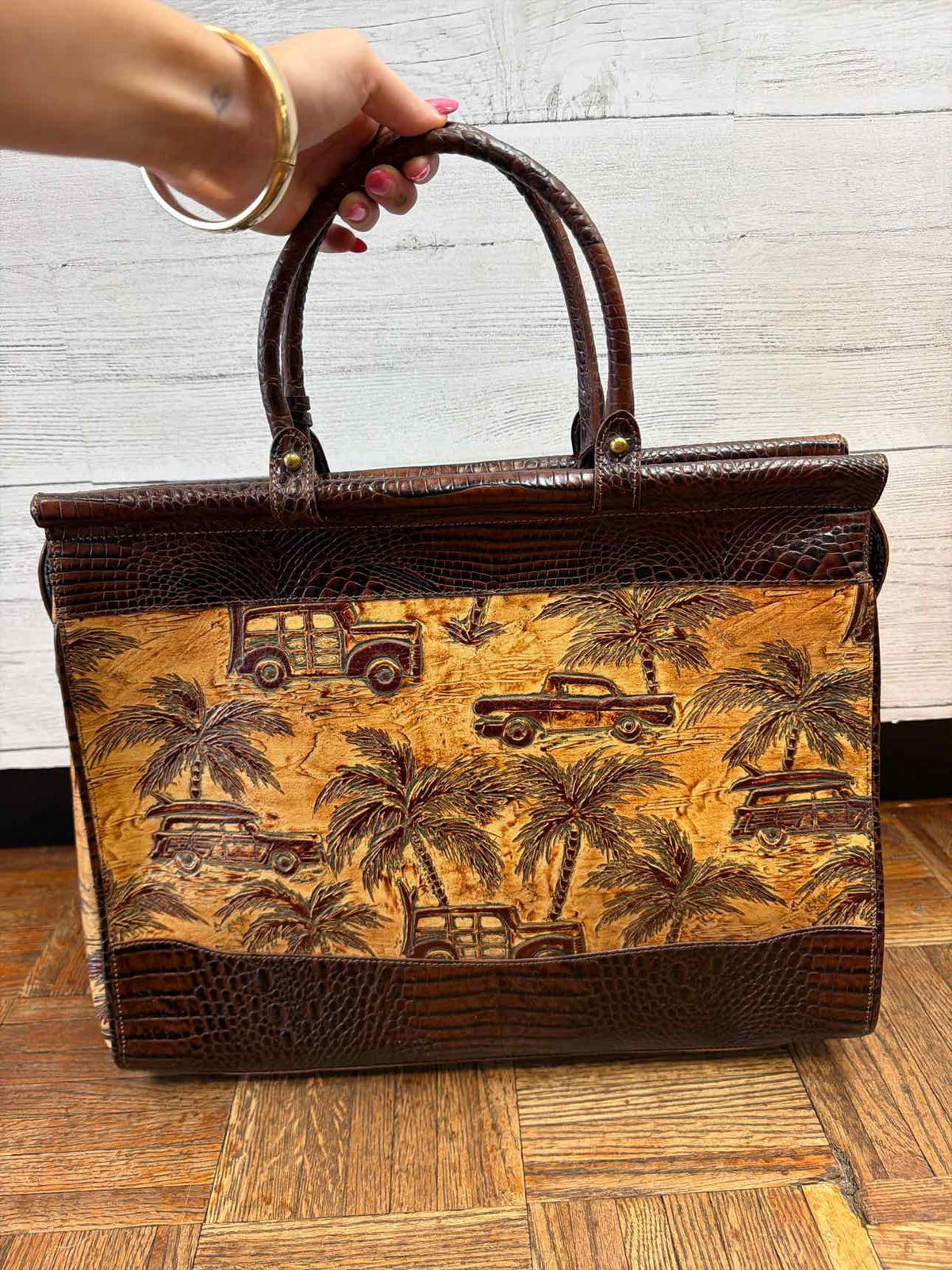 Brahmin brown croc embossed leather with tropical car print palm tress designs