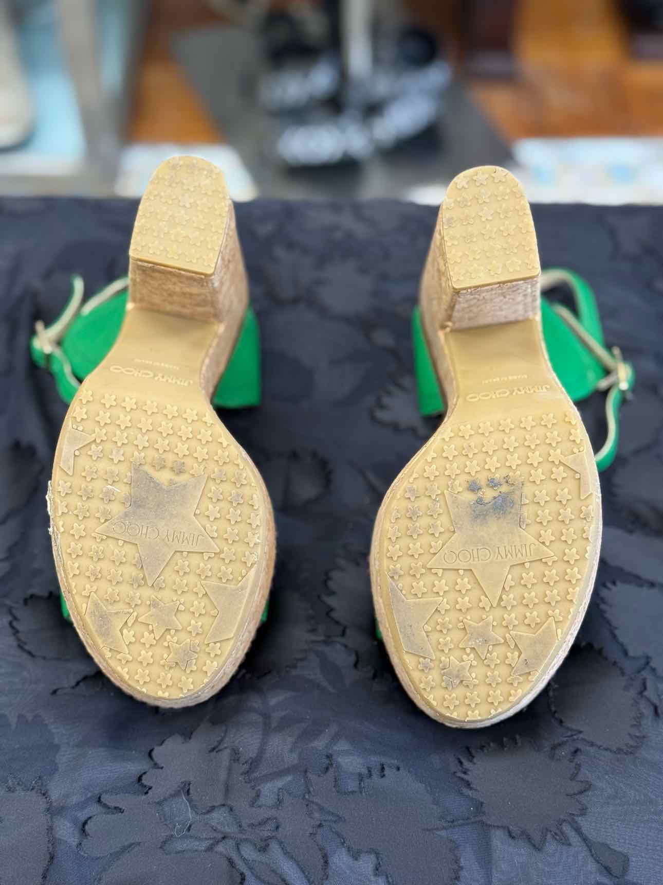 JIMMY CHOO CORK WEDGE SANDAL EMERALD GREEN